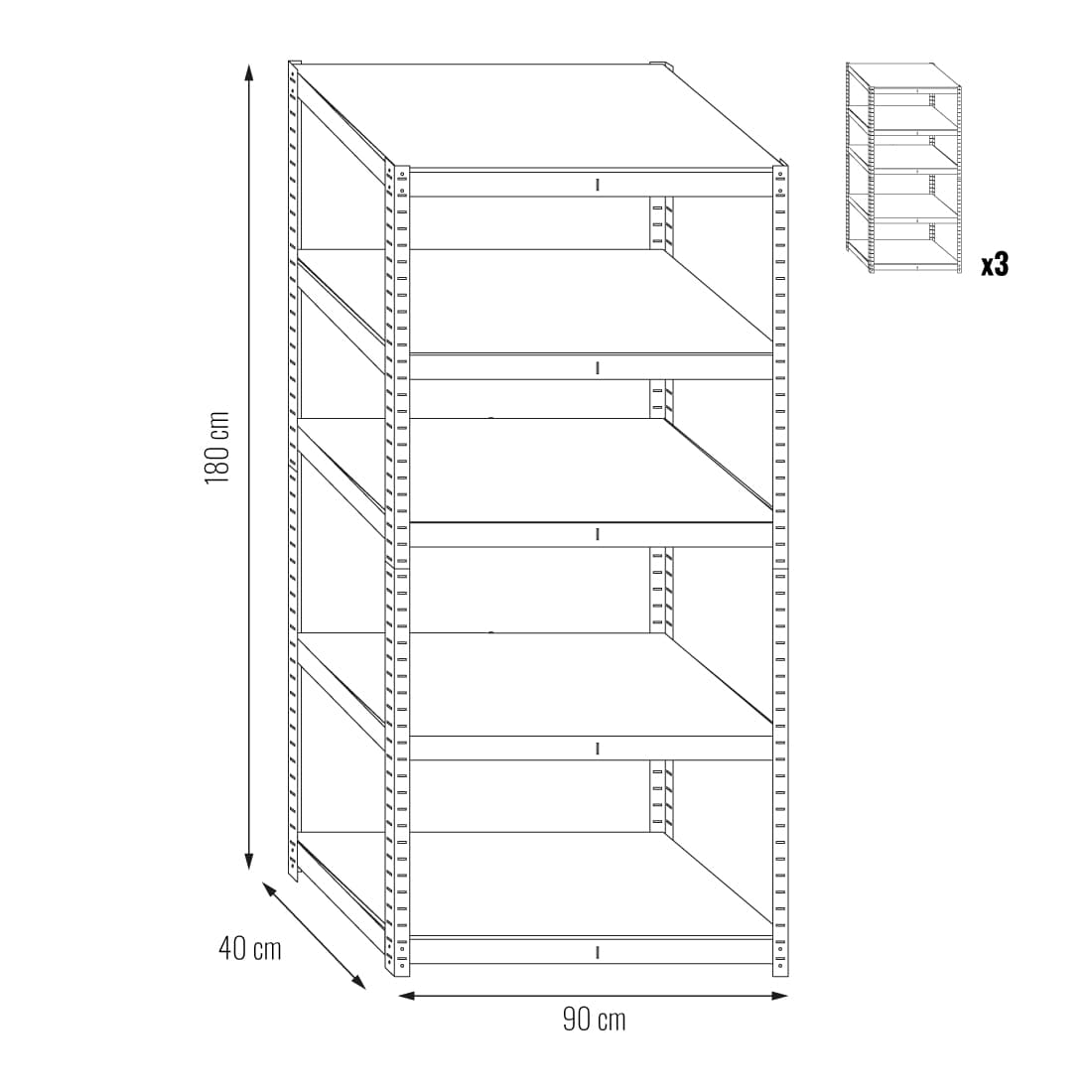 3er Set Metallregale: 180x90x40cm, 5 HDF-Platten, 175kg, zink