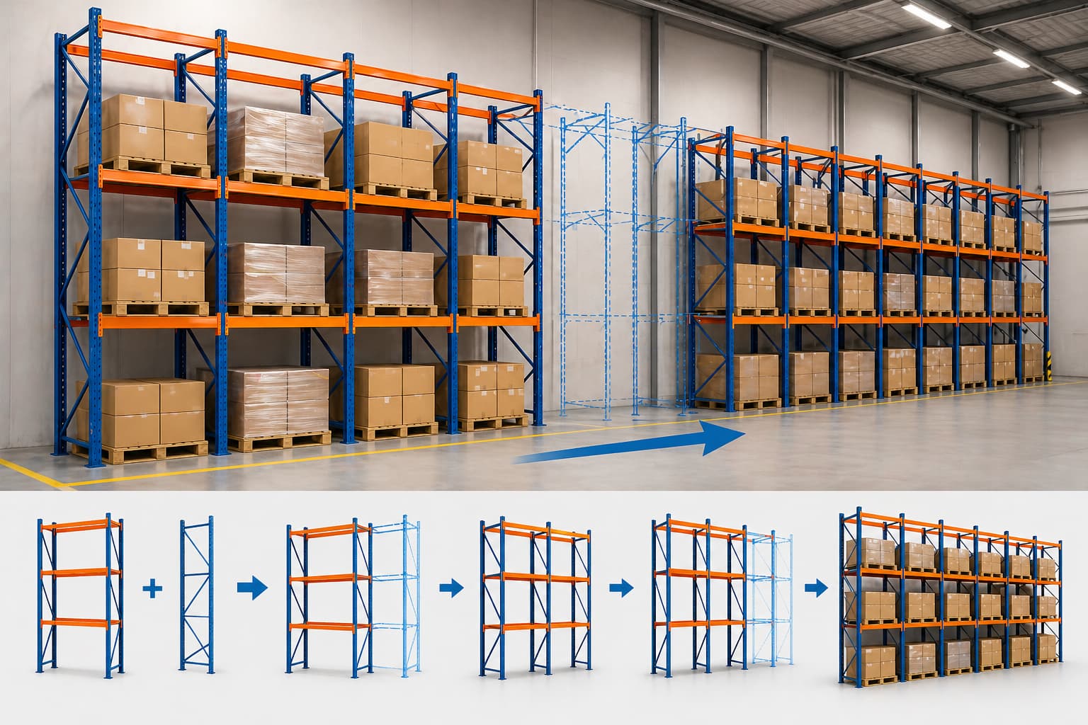 Erweiterbares Palettenregal System mit modularen Anbaufeldern