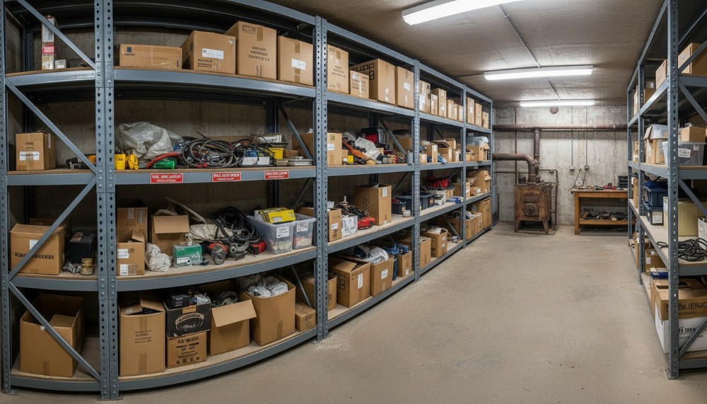 Gewerblich genutzter Keller mit beschrifteten Regalen und Traglastschildern