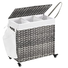 Wäschekorb, Polyrattan, 3 Fächer, Herausnehmbarer Sack, 140L, 66x66x33cm