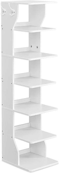 Schuhregal schmal weiß, 6 Ebenen, Haken & Kippschutz, 110.4x26.4x30cm