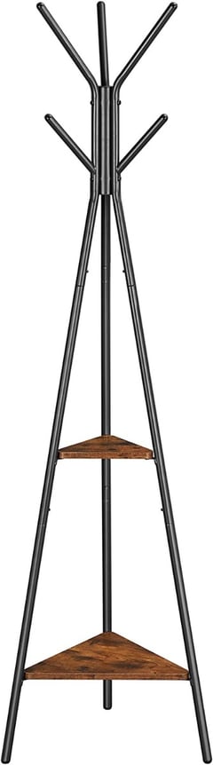 Věšák na oblečení ve tvaru stromu, 2 police, industriální design, Vintage hnědý-černý, 179x49x49 cm
