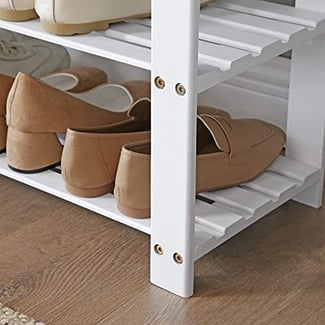 Schuhbank aus Bambus, Weiß-Grau, 2 Regalebenen, 49x71x29cm - Hover