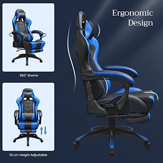 Gaming Stuhl, Mit Fußstütze, Schwarz-Blau, 123.5-131.5x73x66cm - Hover