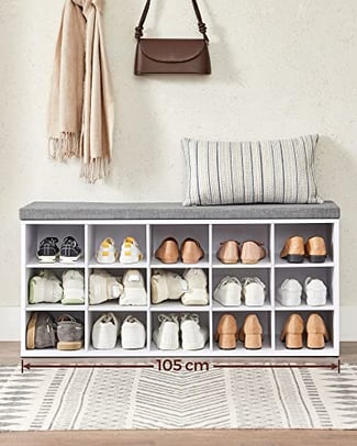 Schuhbank mit Fächern, Gepolsterte Sitzfläche, 48x105x30cm - Hover