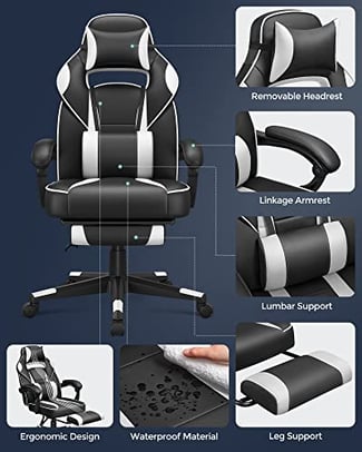 Gaming Stuhl, Höhenverstellbar, Schwarz-Weiß, 116-126x67x66cm - Hover