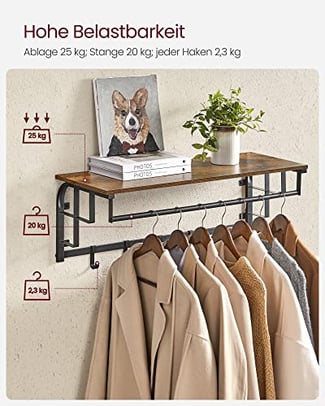 Wandgarderobe mit Ablage und abnehmbaren Haken, 27x80x30cm - Hover