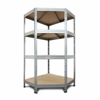Eckregal aus Metall, 180x90x45x62cm mit 4 HDF-Platten, verzinkt 