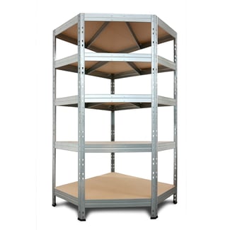 Rohový kovový regál RIVET, 180x90x45x64,5 cm, 5x HDF police, zinek