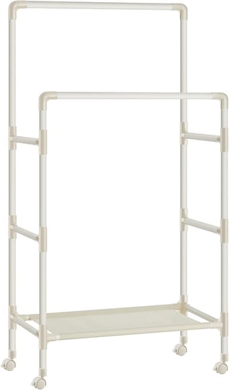Garderobenständer, 2 Kleiderstangen, Ablage, Rollen, Weiß, 162x83x45cm