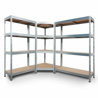 Regalsystem: 2 Schwerlastregale & Eckregal RIVET 180x180x210x45cm mit 4 HDF-Böden, verzinkt - Hover