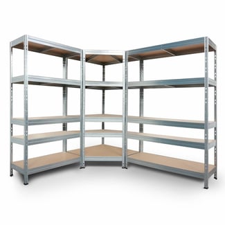 Regalsystem: 2 Schwerlastregale & Eckregal RIVET 180x180x210x45cm mit 5 HDF-Böden, verzinkt - Hover