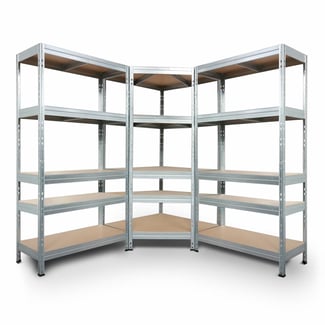 Regalsystem: 2 Schwerlastregal & Eckregal RIVET 180x180x180x45cm mit 5 HDF-Böden, verzinkt - Hover