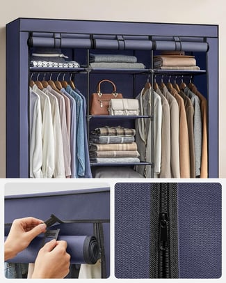 Großer Stoffschrank mit 2 Kleiderstangen, Schwarz, 175x150x45cm - Hover