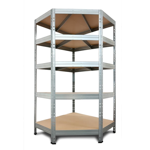 Rohový kovový regál RIVET, 180x90x45x64,5 cm, 5x HDF polica, zinok