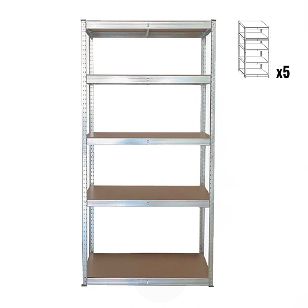Pack 5x Stabil S, bezšroubový kovový regál s HDF policí, 180x90x40 cm, 5 polic, 175kg na polici, zinek