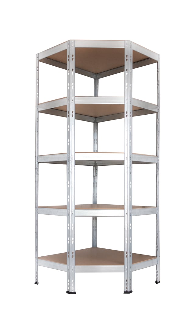 Rohový kovový regál RIVET BUDGET, 180x70x70x40 cm, 5x HDF polica, zinok