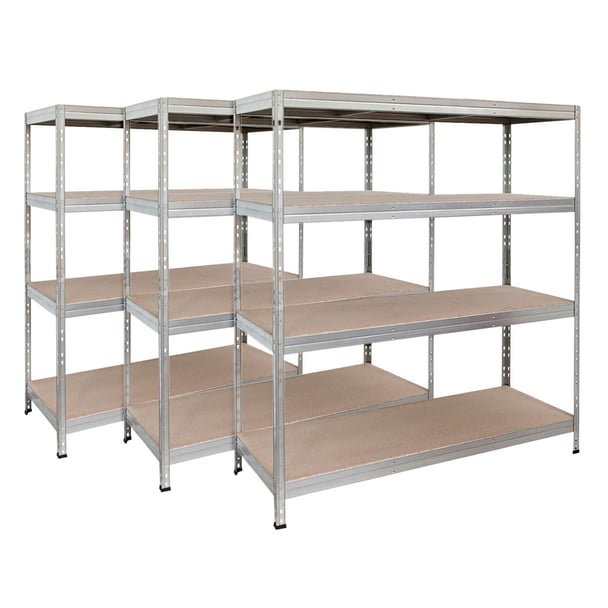 Master Regale 3er-Set Rivet Schwerlastregal mit HDF-Platte 180x150x60cm (HxBxT), 4 Böden, 250 kg pro Boden, verzinkt. Steckregal Metallregal Kellerregal Lagerregal Werkstattregal Garagenregal Industrieregal