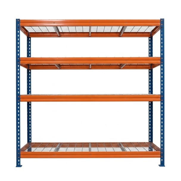Schwerlastregal BULLRACK RIVET PRO 200x120x45 Stahlgitterboden 4 Ebenen Blau-Orange