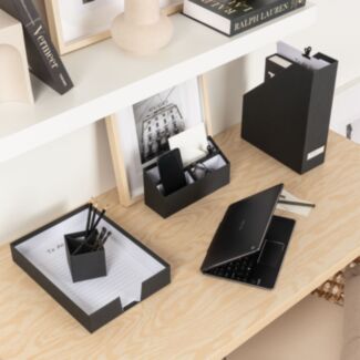 Schreibtischset 4 Tlg., mit Schreibtischorganizer, Dokumentenablage, Zeitschriftensammler und Stiftehalter, schwarz - Hover