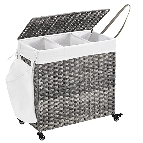 Wäschekorb, Polyrattan, 3 Fächer, Herausnehmbarer Sack, 140L, 66x66x33cm
