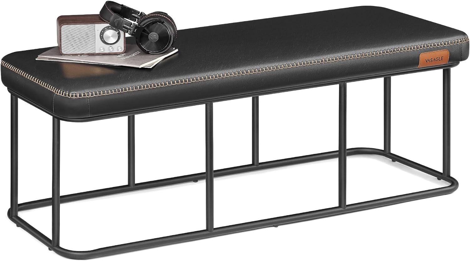 Elegante Deko-Bank, Kunstleder und Metall, Schwarz, 45x120x40cm