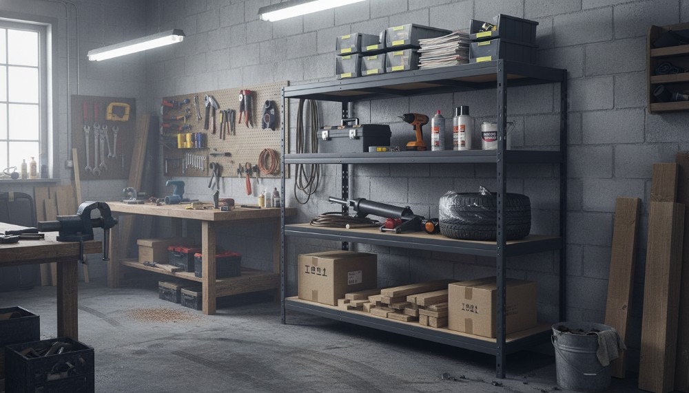 Werkbank BULLRACK RIVET PRO mit DTD-Spanplatte und Stahlgitterboden für professionelle Arbeitsbereiche